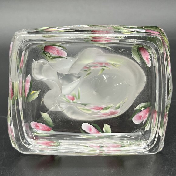 Handpainted Clear Satin Glass Cat Figurine Sitting On Pillow Paperweight Floral - Picture 8 of 11